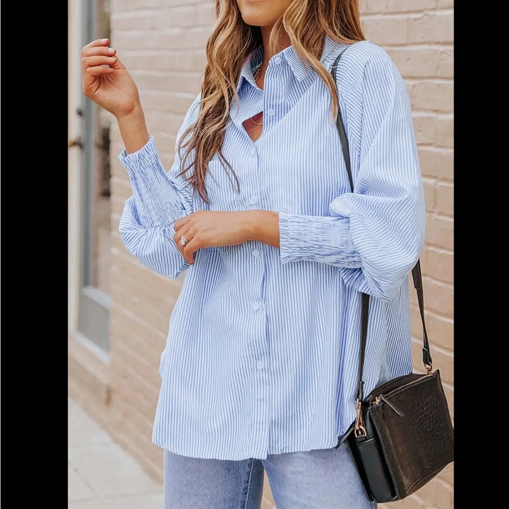 Sky Blue White Stripe Smocked Cuffs Boyfriend Button Down Shirt